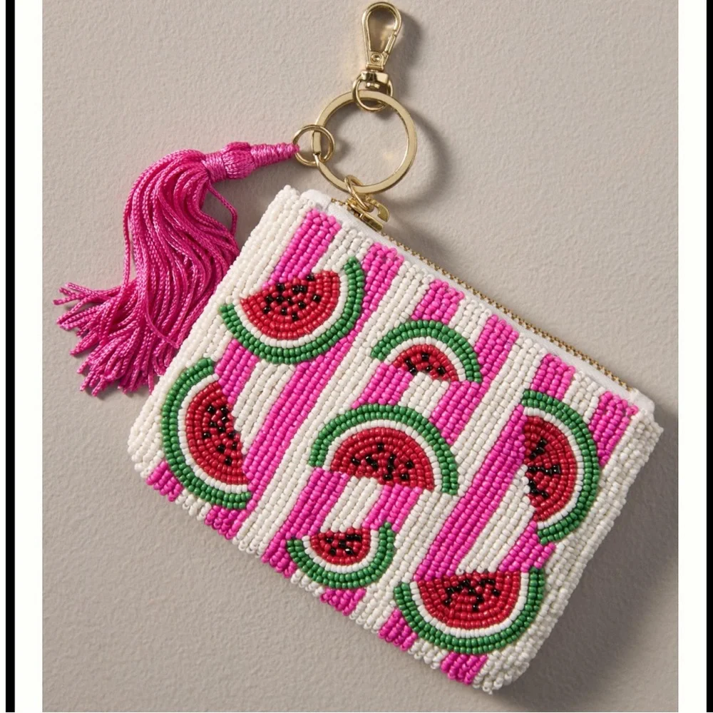NWOT Anthropologie The Fiona Beaded Coin Purse/Key Ring-Watermelon